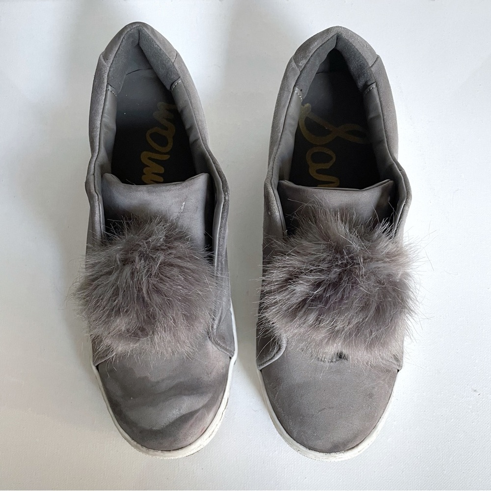 Sam Edelman Slip-on Faux Fur Pompom Gray Suede Sneakers, Women 8.5